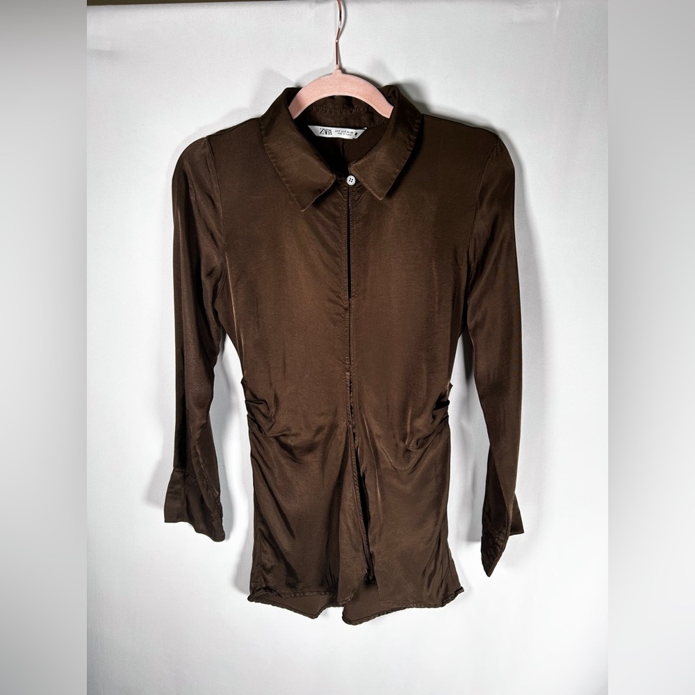 Zara Brown Satin Button Down Top